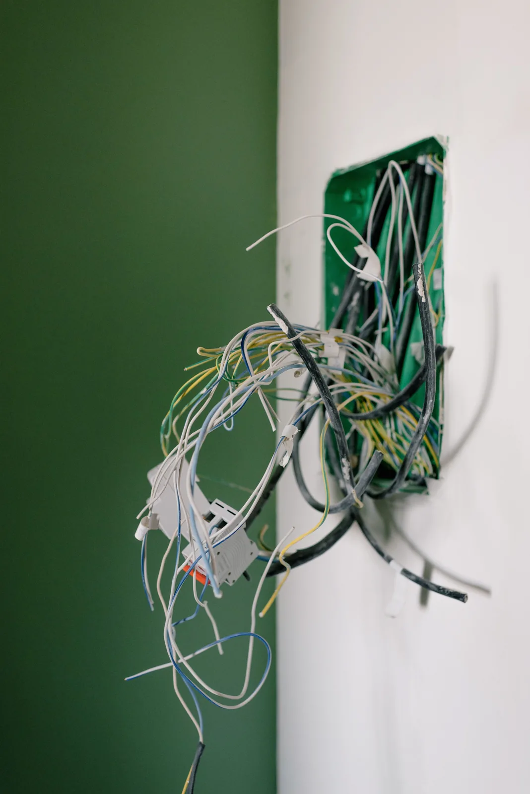 Old wiring spilling out of a junction box, for electrician in Toronto