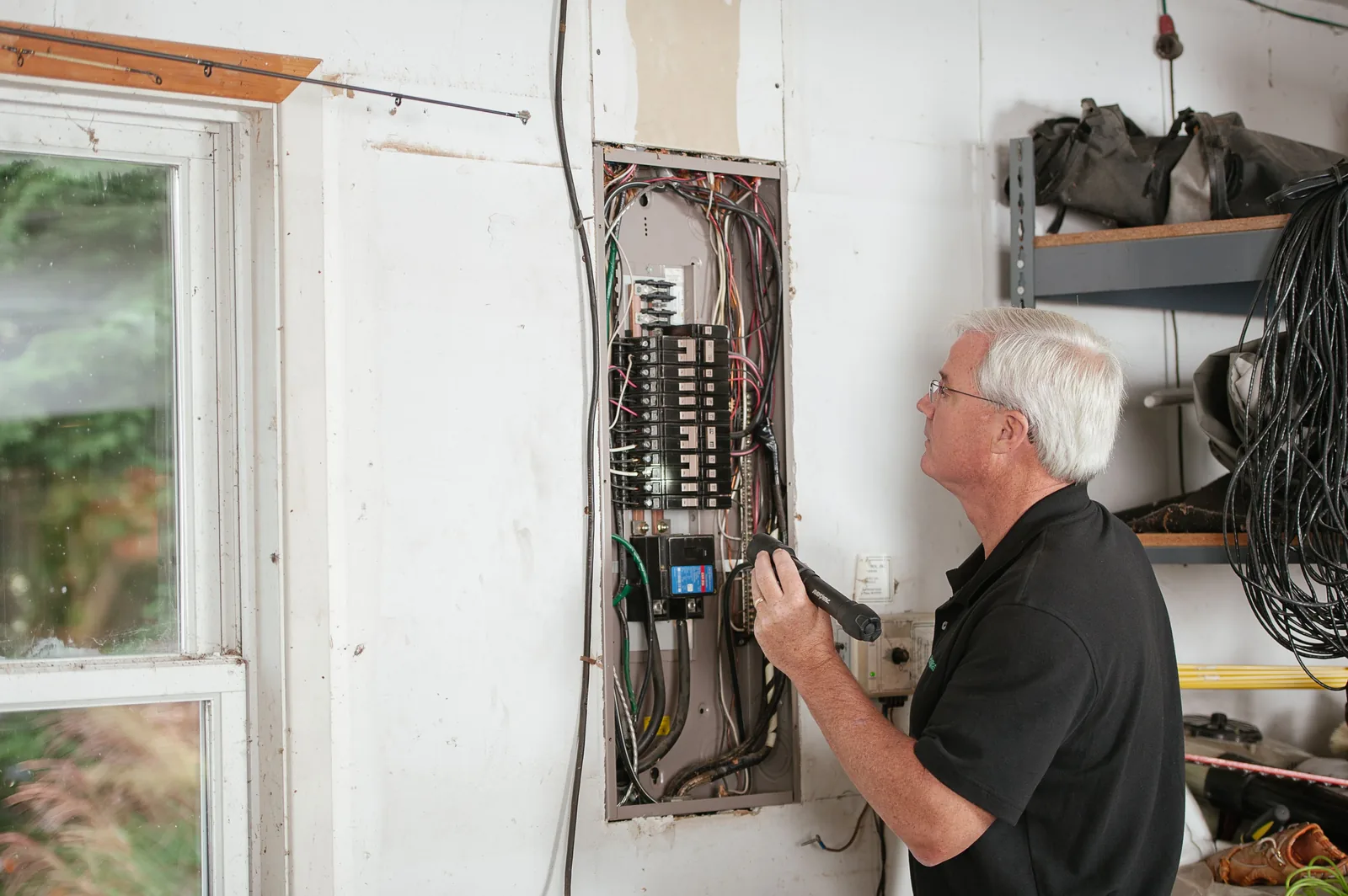 An electrician checking an open residential panel by torchlight, for tesla wall connector in Toronto